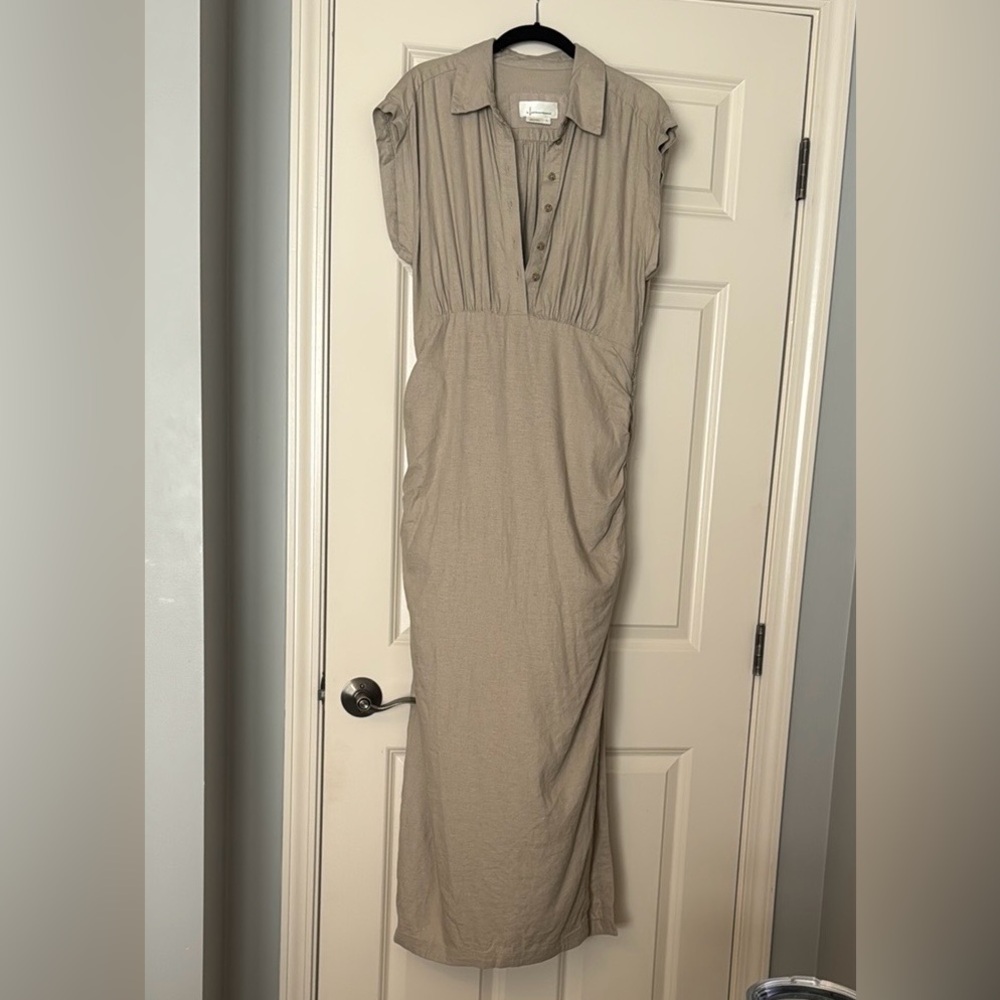 Anthropologie Tan Ruched Cap Sleeve Dress